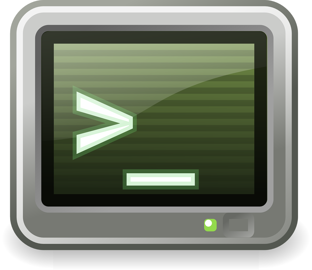 Pantalla de computador con una color verde de fondo y los literales '> _' en blanco en el medio del cristal.