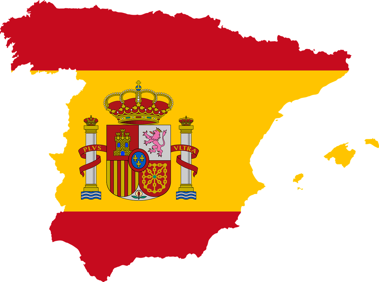 Mapa de España sin las Islas Canarias y coloreado con la bandera de España y el escudo en la franja amarilla.